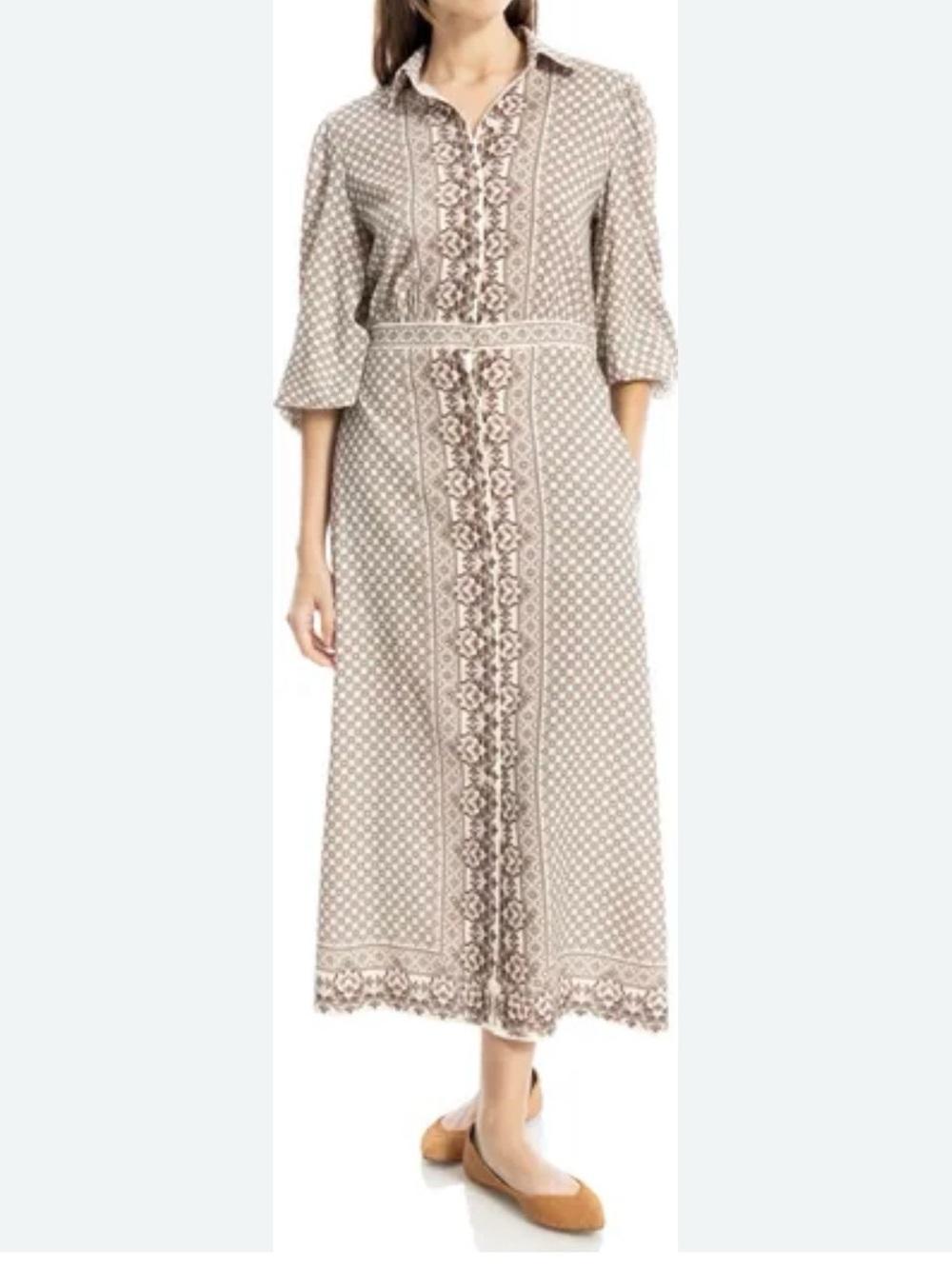 Max Studio London Women’s Button Down Shirt Maxi Dress Brown & Cream Sz L EUC